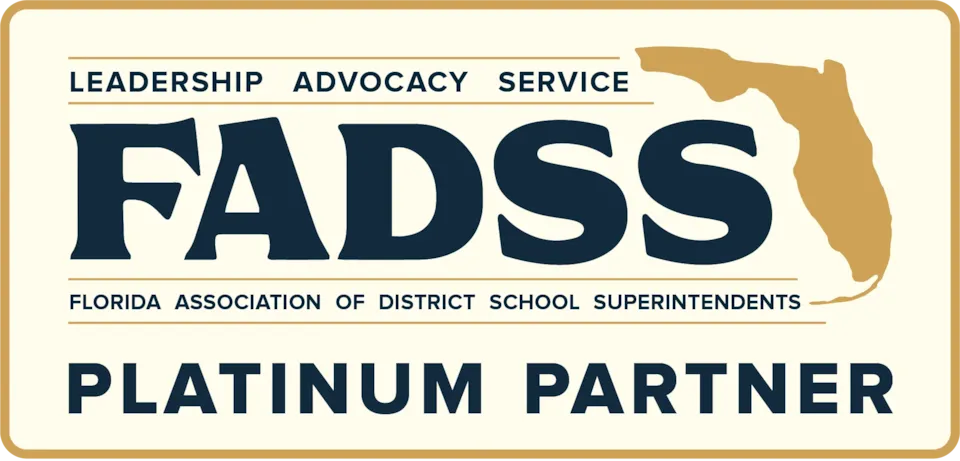 Logo for FADSS, Florida Association of District School Superintendents, featuring a map of Florida and the text Platinum Partner.
