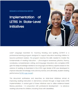 A report page titled Implementation of LETRS in State-Level Initiatives with a group of smiling educators at the top.