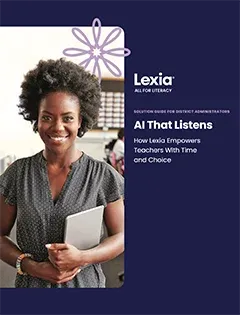 Smiling woman holding a tablet stands in a classroom, featured on a Lexia guide cover about AI for teachers.