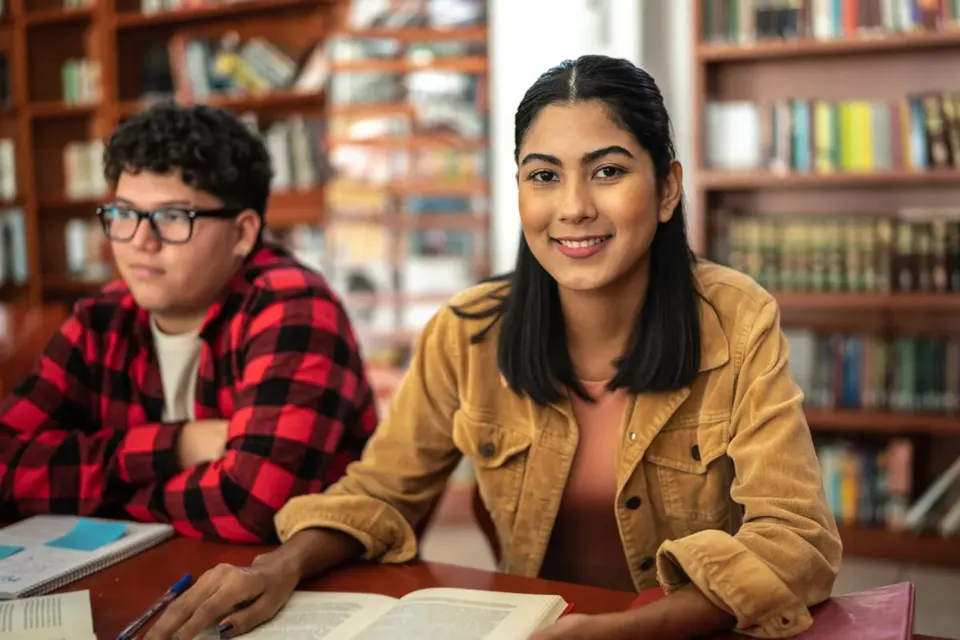 Two students sitting at a library table, one smiling at the camera, both with books and notebooks in front of them.