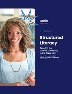 Smiling woman holds a tablet; text reads Structured Literacy: Applying the Science of Reading in the Classroom.