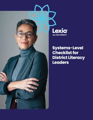 An older woman with short gray hair and glasses stands confidently, arms crossed, next to text about a literacy checklist.