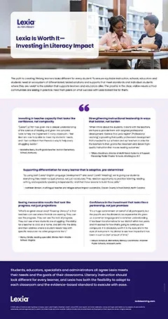 Two educators sit at a table discussing documents; text highlights Lexia’s literacy impact and educational benefits.