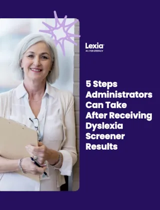 Smiling woman with gray hair holds a clipboard next to text about steps after dyslexia screener results.