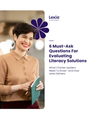 Smiling woman holding a pen and notebook, next to text about evaluating literacy solutions for charter leaders.