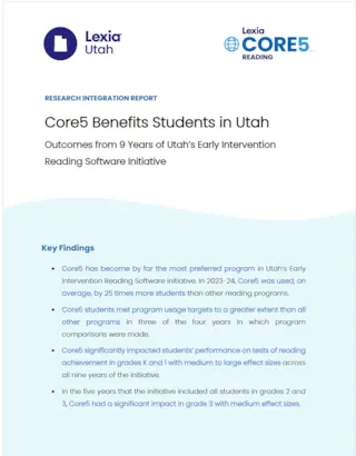 A report summary details key findings on Core5 benefits for Utah students, with Lexia and Core5 logos at the top.