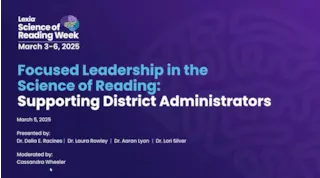 Blue and purple slide: Focused Leadership in the Science of Reading: Supporting District Administrators, March 5, 2025.