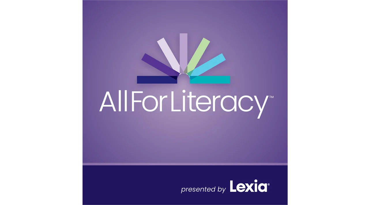 All For Literacy logo with colorful lines above the text on a purple background, presented by Lexia.