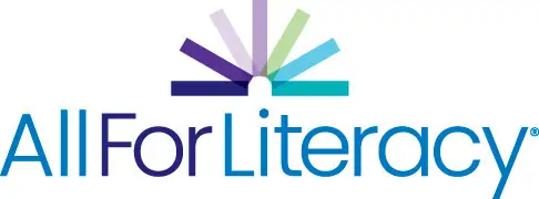 All For Literacy logo with stylized open book above the text in blue and purple shades.