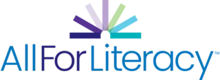 Logo with abstract open book design above the text All For Literacy in shades of blue and purple.