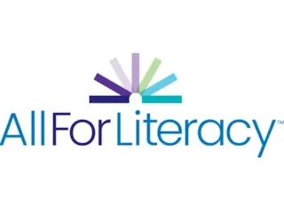 All For Literacy logo with stylized open book in purple, blue, and green shades above the blue text All For Literacy.
