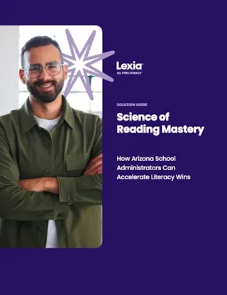 A man with glasses and a beard smiles, standing next to text about Lexias Science of Reading Mastery solution guide.