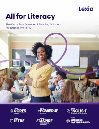 Confident teacher in yellow sweater stands with arms crossed in front of students in a bright classroom, Lexia branding visible.