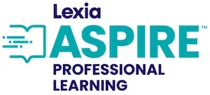 Logo with a stylized book icon and text: Lexia Aspire Professional Learning in teal and navy blue.