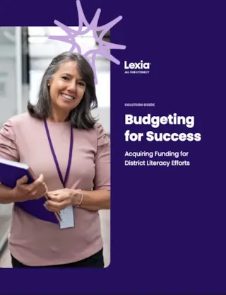 Smiling woman holding a folder; text reads Budgeting for Success: Acquiring Funding for District Literacy Efforts.