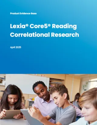 Cover of a document titled Lexia Core5 Reading Correlational Research, featuring a teacher and students using tablets.