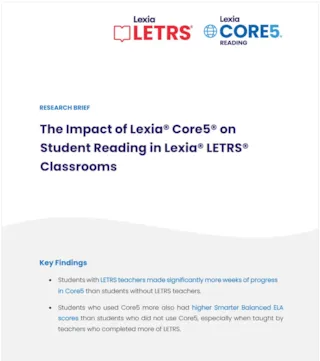 A research brief titled The Impact of Lexia Core5 on Student Reading in Lexia LETRS Classrooms with key findings listed.