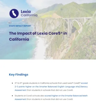 Report titled The Impact of Lexia Core5® in California with ocean cliff image background and key findings in blue text.