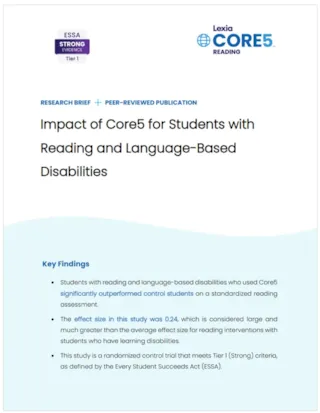 Research brief cover page on Core5’s impact for students with reading and language disabilities, showing key findings summary.