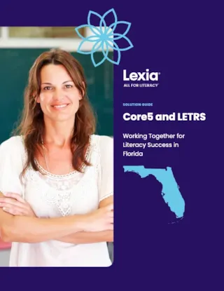 Smiling woman with arms crossed beside text about Lexia Core5 and LETRS literacy solutions for Florida.