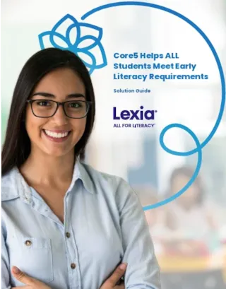 Smiling woman in glasses stands with arms crossed; Core5 Helps ALL Students Meet Early Literacy Requirements text beside her.