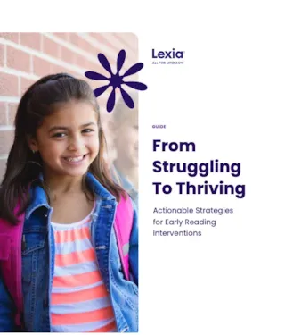 Smiling young girl with backpack stands by a brick wall next to text about early reading interventions from Lexia.