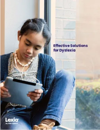 A young girl sits by a window reading on a tablet. Text: Effective Solutions for Dyslexia. Logo: Lexia.