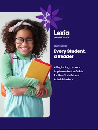 Smiling girl with glasses holding books, standing next to text for a Lexia reading guide for school administrators.