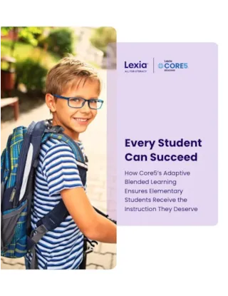Smiling boy with glasses and backpack outdoors, next to text about adaptive learning for elementary students.