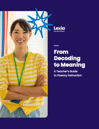 Smiling woman in a yellow striped sweater stands by colorful wall; text reads “From Decoding to Meaning” by Lexia.