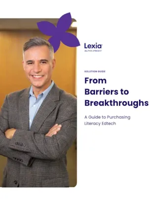 Smiling man with gray hair stands with arms crossed next to text: From Barriers to Breakthroughs by Lexia.
