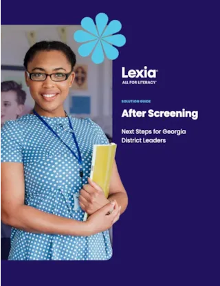 A smiling woman in glasses holds a notebook, standing next to text about Lexia’s After Screening solution guide.