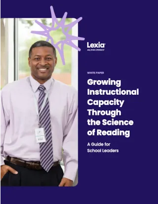 Smiling man in a shirt and tie stands by a window; text reads “Growing Instructional Capacity Through the Science of Reading.”.
