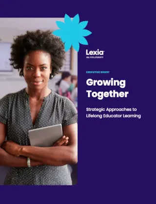 Confident woman holding a tablet stands with arms crossed in a classroom; Growing Together educational booklet cover.