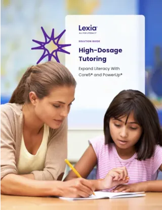 An adult helps a young girl with schoolwork at a desk; High-Dosage Tutoring text appears at the top.