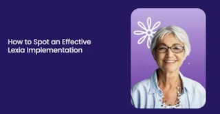 A woman in a sweater stands smiling with arms crossed next to a banner reading Lexia: Making Literacy Gains Visible.