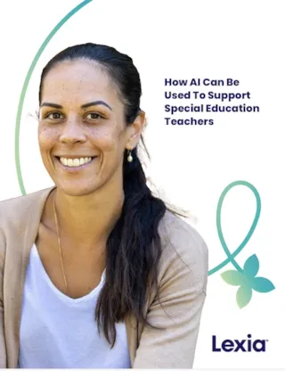 Smiling woman with dark hair beside text: “How AI Can Be Used To Support Special Education Teachers.” Lexia logo below.