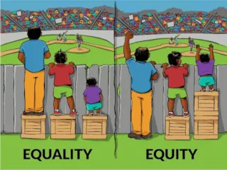 Image comparing equality with equity through the use of 3 people of different heights standing on differently-sized boxes to view a game.