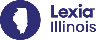 A white silhouette of Illinois in a dark blue circle next to the words Lexia Illinois in bold dark blue text.