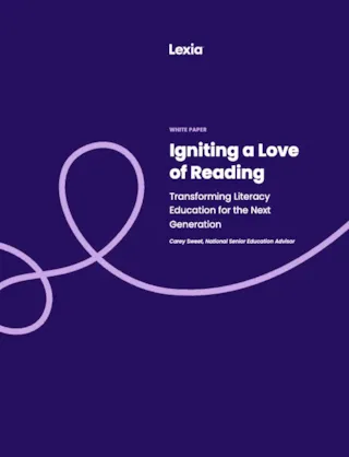 Purple cover with the title Igniting a Love of Reading and a looping line design; published by Lexia.