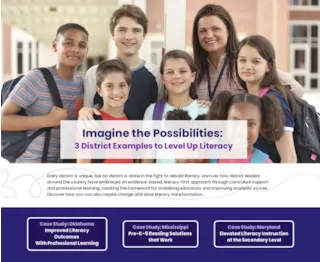 Group of smiling students and a teacher holding books with a school in the background. Text about improving literacy in districts.