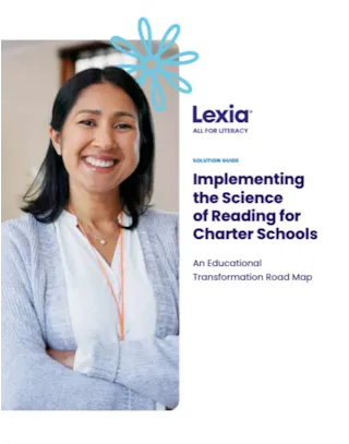 Smiling woman with arms crossed on the cover of a guide titled “Implementing the Science of Reading for Charter Schools.”.