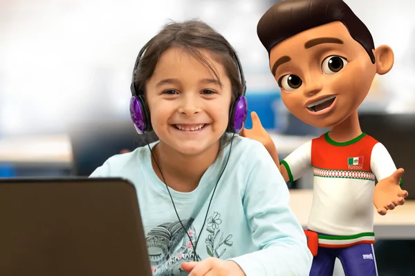 An animated character from Lexia English appears in the background behind a smiling student wearing purple headphones.