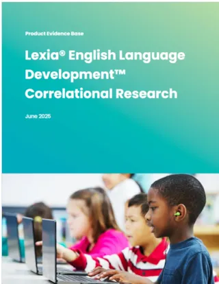 Cover with Lexia English Language Development Correlational Research and children using laptops in a classroom.