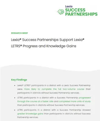 Research brief cover with Lexia Success Partnerships logo, title, and key findings highlighting progress and knowledge gains.