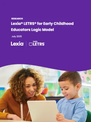 A teacher helps a young student use a tablet in a classroom, with text about Lexia LETRS research above them.