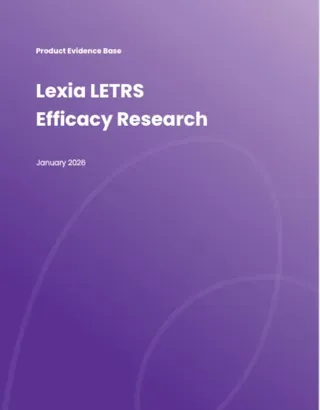 Purple cover page titled Lexia LETRS Efficacy Research; January 2026 with abstract curved lines in the background.