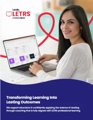 A woman smiles at the camera while working on a laptop; LETRS Coaching branding and text appear on the image.