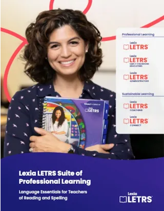 Smiling woman holds Lexia LETRS workbook; sidebar lists professional learning options for educators and administrators.