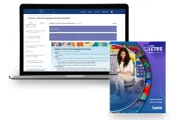 A laptop screen shows the LETRS program with a book for LETRS next to it.